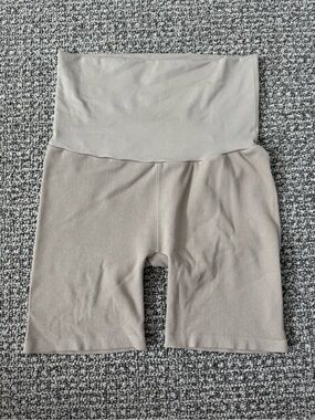Maternity Over the Bump Ribbed Biker Shorts in Taupe